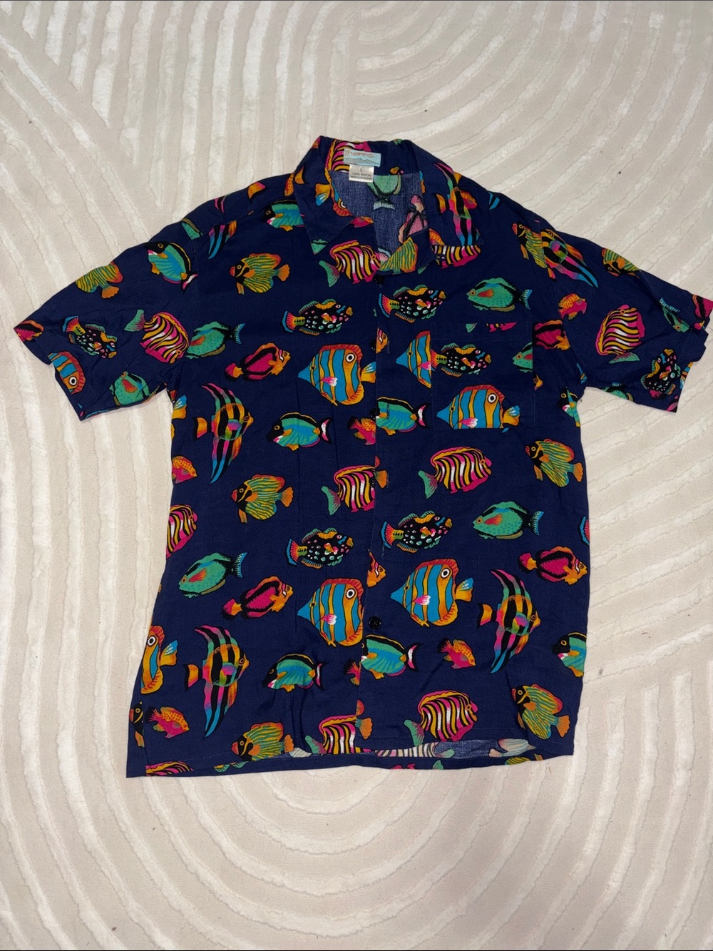 Short-Sleeve Button-Down Shirt with Fish Print - 100% Rayon